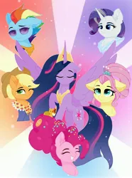 Size: 3043x4096 | Tagged: safe, artist:emyart18, derpibooru import, applejack, fluttershy, pinkie pie, princess twilight 2.0, rainbow dash, rarity, twilight sparkle, twilight sparkle (alicorn), alicorn, earth pony, pegasus, pony, unicorn, the last problem, crown, cute, eyes closed, female, g4, glasses, hoof shoes, horn, image, jewelry, jpeg, looking at you, mane six, older, older applejack, older fluttershy, older mane six, older pinkie pie, older rainbow dash, older rarity, older twilight, older twilight sparkle (alicorn), one eye closed, peytral, regalia, simple background, smiling, smiling at you, spread wings, wings
