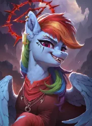 Size: 1024x1408 | Tagged: safe, ai content, derpibooru import, machine learning generated, prompter:star-dragon, stable diffusion, rainbow dash, pegasus, pony, bust, clothes, devil, fangs, female, g4, generator:pony diffusion v6 xl, grin, halo, hell, image, mare, piercing, png, portrait, smiling, solo, tattoo, teeth, wings