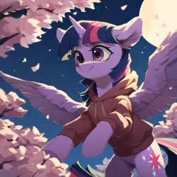 Size: 2048x2048 | Tagged: safe, ai content, derpibooru import, machine learning generated, prompter:liladash, stable diffusion, twilight sparkle, twilight sparkle (alicorn), alicorn, pony, artificial intelligence, cherry blossoms, clothes, ear fluff, flower, flower blossom, g4, generator:pony diffusion v6 xl, hoodie, horn, image, moon, night, png, solo, spread wings, wings