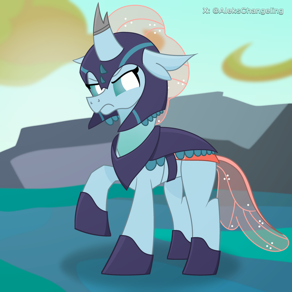 Size: 3000x3000 | Tagged: safe, alternate version, artist:alejandrogmj, derpibooru import, ocellus, changedling, changeling, armor, changeling armor, changeling hive, changeling officer, concave belly, g4, image, older, older ocellus, png, raised hoof, solo