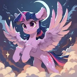 Size: 2048x2048 | Tagged: safe, ai content, derpibooru import, machine learning generated, prompter:liladash, stable diffusion, twilight sparkle, twilight sparkle (alicorn), alicorn, artificial intelligence, cloud, crescent moon, ear fluff, g4, generator:pony diffusion v6 xl, horn, image, moon, night, on a cloud, png, rearing, spread wings, standing on a cloud, stars, wing fluff, wings