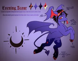 Size: 2100x1650 | Tagged: safe, artist:slimeprnicess, derpibooru import, oc, oc:evening scour, unofficial characters only, demon, demon pony, original species, pony, arrow, cloven hooves, female, forked tongue, gradient background, image, jpeg, mare, reference sheet, solo, spaded tail, spread wings, tail, text, tongue out, wing ears, wings