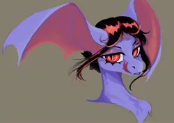 Size: 4096x2892 | Tagged: safe, artist:slimeprnicess, derpibooru import, oc, oc:evening scour, unofficial characters only, demon, demon pony, original species, pony, bat wings, bust, fangs, female, forked tongue, gray background, image, jpeg, licking, licking lips, mare, redesign, simple background, solo, tongue out, wing ears, wings
