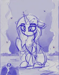 Size: 822x1047 | Tagged: safe, artist:aureai-sketches, derpibooru import, crackle cosette, queen chrysalis, fly, insect, lizard, pony, unicorn, chest fluff, disguise, disguised changeling, eye clipping through hair, female, horn, image, jpeg, mare, sitting, sketch, solo