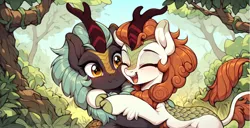 Size: 2334x1196 | Tagged: safe, ai content, derpibooru import, machine learning generated, prompter:greesys, autumn blaze, cinder glow, summer flare, happy, hug, image, png, surprised