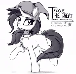 Size: 1036x1006 | Tagged: safe, artist:aureai-sketches, derpibooru import, trixie, pony, unicorn, black and white, bow, chest fluff, choker, ear fluff, female, fetlock tuft, g4, grayscale, hat, horn, image, jpeg, mare, monochrome, mouth hold, simple background, sketch, solo, tail, tail bow, wand, white background, witch hat