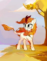 Size: 1548x2000 | Tagged: safe, artist:aureai, derpibooru import, autumn blaze, kirin, pony, chest fluff, cloven hooves, female, g4, image, jpeg, leonine tail, mare, raised hoof, smiling, solo, tail, tree