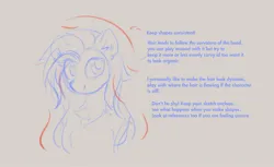 Size: 2274x1389 | Tagged: safe, artist:aureai-sketches, derpibooru import, oc, oc:aureai, unofficial characters only, pegasus, pony, chest fluff, colored sketch, ear fluff, female, gray background, image, jpeg, mare, simple background, sketch, solo, text, tutorial