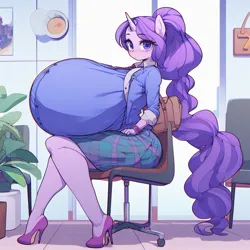 Size: 1024x1024 | Tagged: suggestive, ai content, derpibooru import, machine learning generated, rarity, anthro, plantigrade anthro, unicorn, adorasexy, bag, big breasts, blushing, breasts, busty rarity, button-up shirt, chair, clothes, cute, female, g4, handbag, high heels, horn, huge breasts, hyper, hyper breasts, image, impossibly large breasts, long hair, looking at you, no tail, office chair, png, ponytail, potted plant, prompter:horselover fat, purse, sexy, shirt, shoes, side view, sideboob, sitting, skirt, solo, solo female, stupid sexy rarity, tiled floor, waiting, waiting room