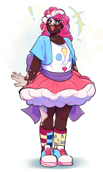 Size: 947x1573 | Tagged: safe, artist:clacy2812, derpibooru import, pinkie pie, human, blackwashing, clothes, dark skin, emanata, equestria girls outfit, exclamation point, female, humanized, image, mismatched socks, open mouth, open smile, png, simple background, skirt, smiling, socks, solo, vitiligo, white background