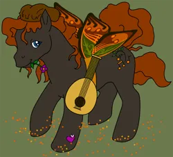 Size: 650x588 | Tagged: safe, artist:vorpaldragon, derpibooru import, oc, unofficial characters only, flutter pony, pony, g1, flower, flower in mouth, image, lute, mouth hold, musical instrument, png, simple background, solo