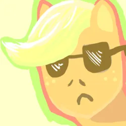 Size: 377x377 | Tagged: safe, artist:rockingquix, derpibooru import, applejack, earth pony, pony, bust, female, frown, image, looking at you, mare, png, portrait, simple background, solo, sunglasses