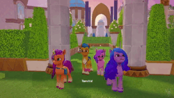 Size: 1280x720 | Tagged: safe, derpibooru import, hitch trailblazer, izzy moonbow, pipp petals, sunny starscout, earth pony, pegasus, pony, unicorn, g5, animated, cutscene, female, game screencap, horn, image, logs, male, mane stripe sunny, mare, my little pony: a zephyr heights mystery, pipp petals is not amused, stallion, subtitles, unamused, webm, zephyr heights