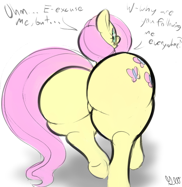 Size: 1167x1200 | Tagged: questionable, artist:gloryworm, derpibooru import, fluttershy, pegasus, pony, butt, dialogue, featureless crotch, female, flutterbutt, g4, huge butt, image, large butt, looking at you, looking back, looking back at you, plot, png, rear view, simple background, solo, solo female, text, the ass was fat, walking, white background