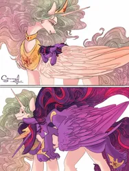 Size: 1152x1536 | Tagged: safe, artist:sorninay, derpibooru import, princess celestia, twilight sparkle, twilight sparkle (alicorn), alicorn, pony, unicorn, comic, duo, female, filly, filly twilight sparkle, g4, image, jpeg, long mane, momlestia, riding, riding a pony, simple background, smiling, unicorn twilight, white background, younger