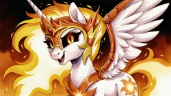 Size: 2560x1440 | Tagged: safe, ai content, derpibooru import, generator:autismmixconfetti, machine learning generated, daybreaker, alicorn, pony, fangs, female, fiery mane, fiery tail, g4, image, jpeg, looking at you, mare, one wing out, open mouth, prompter:siber, solo, wallpaper, wings