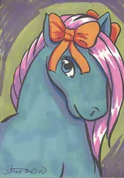 Size: 728x1048 | Tagged: safe, artist:lizstaley, derpibooru import, earth pony, pony, g1, bow, bow tie (g1), bust, image, jpeg, portrait, solo, traditional art