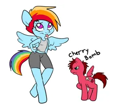 Size: 700x612 | Tagged: safe, artist:technicolor pie, derpibooru import, rainbow dash, oc, anthro, pegasus, pony, unguligrade anthro, :p, duo, female, grumpy, image, missing wing, png, simple background, tongue out, white background