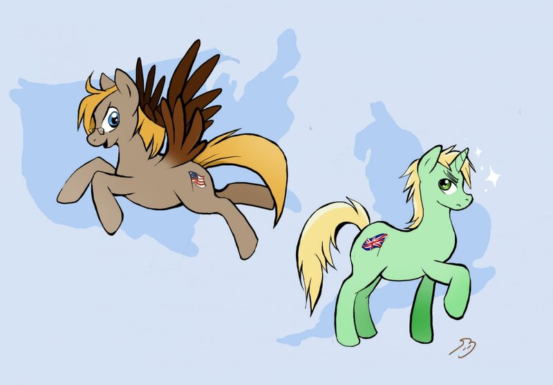 Size: 1280x891 | Tagged: safe, artist:featherhead, derpibooru import, ponified, pegasus, pony, unicorn, duo, hetalia, horn, image, jpeg, looking at each other, looking at someone, male, united kingdom, united states