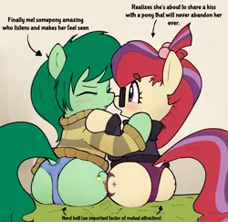 Size: 2317x2254 | Tagged: suggestive, artist:whiskeypanda, derpibooru import, moondancer, wallflower blush, earth pony, pony, unicorn, /mlp/, 4chan, arrow, blushing, butt, butt freckles, clothes, drawthread, duo, duo female, eyes closed, eyes open, female, freckles, glasses, horn, image, kissing, lesbian, panties, png, sweater, text, underwear