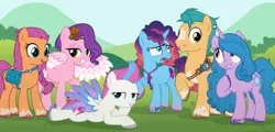 Size: 640x308 | Tagged: safe, artist:frankly_hopeless, derpibooru import, hitch trailblazer, izzy moonbow, pipp petals, sunny starscout, zipp storm, earth pony, pegasus, pony, unicorn, g5, applejack (g5), bag, blaze (coat marking), bracelet, coat markings, colored wings, crown, facial markings, female, fluttershy (g5), friendship bracelet, g4, g5 to g4, generation leap, gradient mane, hoof on chest, horn, image, jewelry, lidded eyes, male, mane five, mane six (g5), misty brightdawn, multicolored wings, necklace, open mouth, open smile, pinkie pie (g5), png, rainbow dash (g5), rarity (g5), rebirth misty, regalia, saddle bag, smiling, socks (coat marking), twilight sparkle (g5), wings