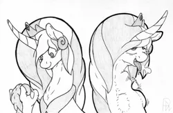 Size: 2448x1610 | Tagged: suggestive, artist:parallel black, derpibooru import, princess celestia, alicorn, earth pony, 2 panel comic, comic, drool, fetish, g4, image, long neck, muffled words, png, princess vorestia, simple background, throat bulge, tight bulge, tongue out, traditional art, vore, white background