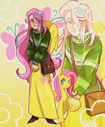 Size: 1280x1550 | Tagged: safe, artist:sleepparaclownsis, derpibooru import, fluttershy, human, pegasus, pony, bag, blushing, clothes, cute, duo, duo female, ear piercing, earring, female, freckles, humanized, image, jewelry, jpeg, mare, necklace, piercing, self paradox, self ponidox, shyabetes, skirt, sweater, sweatershy, winged humanization, wings