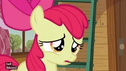 Size: 853x480 | Tagged: safe, derpibooru import, edit, edited screencap, screencap, apple bloom, earth pony, pony, family appreciation day, season 2, apple bloom's bow, bow, caption, clubhouse, crusaders clubhouse, female, filly, foal, frown, g4, golden eyes, hair bow, hell, image, interior, meme, png, red hair, red mane, sad, solo, subtitles, vulgar, yellow coat, yellow fur, yellow pony, youtube caption, youtube video