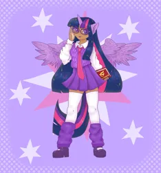 Size: 1669x1781 | Tagged: safe, artist:sincerelyblossom, derpibooru import, twilight sparkle, human, alicorn humanization, book, clothes, dark skin, eared humanization, female, glasses, hammer and sickle, horn, horned humanization, humanized, image, leg warmers, necktie, png, shirt, shoes, skirt, socks, solo, stockings, sweater vest, tail, tailed humanization, thigh highs, vest, winged humanization, wings