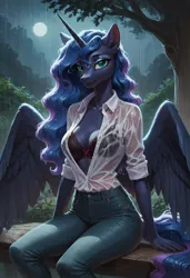 Size: 832x1216 | Tagged: suggestive, ai content, derpibooru import, machine learning generated, prompter:lunarusnexus, stable diffusion, princess luna, alicorn, anthro, bench, blue mane, bra, breasts, cleavage, clothes, denim, female, g4, image, jeans, looking at you, outdoors, pants, png, rain, sitting, solo, tree, two toned mane, underwear, wet, wet clothes, wet mane, wings