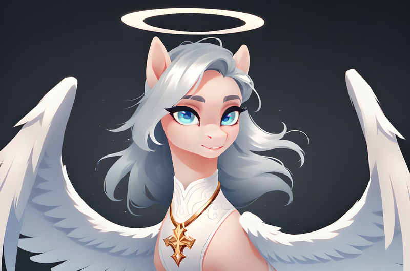 Size: 2044x1349 | Tagged: safe, ai content, anonymous prompter, derpibooru import, machine learning generated, stable diffusion, oc, pony, angel, crest, generator:pony diffusion v6 xl, halo, image, looking at you, png, silver mane, simple background