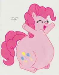 Size: 2535x3199 | Tagged: safe, artist:drchrisman, derpibooru import, pinkie pie, earth pony, pony, belly, big belly, bottom heavy, colored pencil drawing, eyes closed, fat, image, jpeg, morbidly obese, obese, open mouth, open smile, piggy pie, pudgy pie, smiling, solo, traditional art