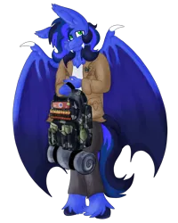 Size: 2000x2500 | Tagged: safe, artist:euspuche, derpibooru import, oc, oc:guard cobalt flash, unofficial characters only, anthro, bat pony, backpack, bat pony oc, bat wings, clothes, image, jacket, male, png, unshorn fetlocks, wings