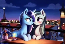 Size: 1216x832 | Tagged: safe, ai content, anonymous prompter, derpibooru import, machine learning generated, novelai, stable diffusion, marble pie, minuette, earth pony, pony, unicorn, blushing, boop, city, cityscape, cloud, crack shipping, date, dessert, detailed background, duo, duo female, female, food, g4, hooves on the table, horn, image, lesbian, looking at each other, looking at someone, looking into each others eyes, mare, night, noseboop, outdoors, png, romantic, ship:marblegate, shipping, sky, smiling, smiling at each other, table, tail