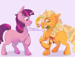 Size: 1700x1300 | Tagged: safe, artist:abbytabbys, derpibooru import, applejack, twilight sparkle, earth pony, pony, unicorn, alternate universe, blonde hair, blonde mane, blonde tail, blushing, body freckles, bouquet, colored, colored eyebrows, colored hooves, dialogue, duo, duo female, eyebrows, eyebrows visible through hair, eyelashes, facing each other, female, filly, filly applejack, filly twilight sparkle, floppy ears, flower, foal, freckles, g4, gray background, horn, image, lesbian, long hair, long mane, long tail, looking at something, mouth hold, multicolored hair, multicolored mane, multicolored tail, open mouth, orange coat, orange hooves, png, ponytail, profile, purple coat, purple eyes, purple hooves, purple text, raised hoof, shadow, shiny mane, shiny tail, ship:twijack, shipping, simple background, standing, tail, talking, text, tied mane, tied tail, unicorn horn, unicorn twilight, unshorn fetlocks, younger