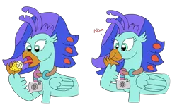 Size: 3069x1830 | Tagged: safe, artist:supahdonarudo, derpibooru import, oc, oc:sea lilly, unofficial characters only, classical hippogriff, hippogriff, camera, eating, female, food, holding, image, jewelry, lemon, meme, necklace, nom, png, simple background, tongue out, transparent background