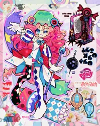 Size: 1627x2048 | Tagged: safe, artist:gochiitears, derpibooru import, part of a set, pinkie pie, human, abstract background, blue bow, blue eyes, blue eyeshadow, calico critters, cat plush, chococat, clothes, clown, collage, colored, colored eyebrows, colored eyelashes, crossover, curly hair, cutie mark, cutie mark on clothes, detailed, eyelashes, eyeshadow, female, g4, gloves, hammer, harlequin, humanized, image, japanese, jester outfit, jpeg, leggings, leotard, light skin, logo, long hair, magical girl, makeup, monster, moon runes, my little pony logo, neck bow, no catchlights, no pupils, one eye closed, pink hair, plushie, puella magi madoka magica, purple eyelashes, raised arm, raised leg, ruffles, sanrio, signature, smiling, solo, soul gem, sparkles, standing, stars, sticker, teeth, wall of tags, weapon, white gloves, wink, witch, witch seed, zoom layer