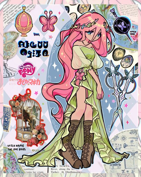 Size: 1627x2048 | Tagged: safe, artist:gochiitears, derpibooru import, part of a set, fluttershy, human, abstract background, bird cage, blue eyes, boots, clothes, collage, colored, cutie mark, cutie mark on clothes, detailed, dress, floral head wreath, flower, frown, g4, gown, green dress, high heel boots, humanized, image, japanese, jpeg, leather, leather boots, legs together, lidded eyes, light skin, logo, long dress, long hair, magical girl, monster, moon runes, my little pony logo, no catchlights, no pupils, pink hair, puella magi madoka magica, scissors, see-through sleeves, shiny hair, shoes, signature, slender, solo, soul gem, sparkles, sparkly hair, standing, stars, tallershy, teal eyes, text, thin, wavy hair, weapon, witch, witch seed, zoom layer