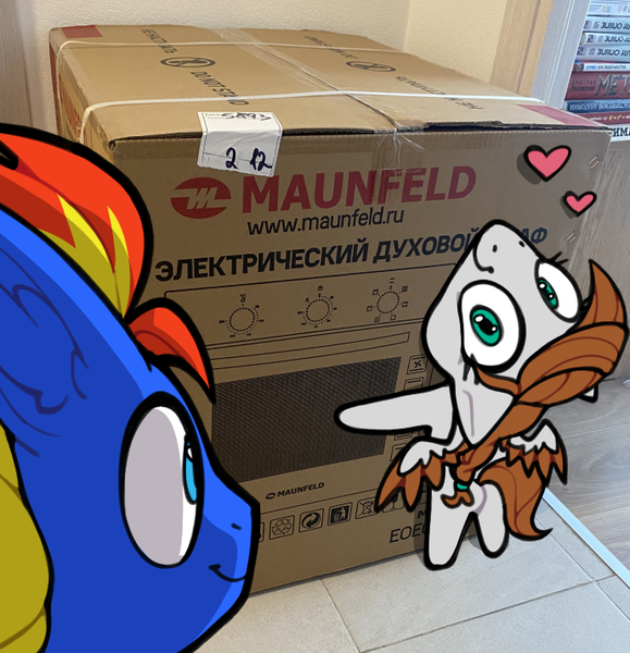 Size: 690x715 | Tagged: safe, artist:airfly-pony, derpibooru import, oc, oc:scarlett drop, oc:wing hurricane, pegasus, box, cardboard box, chibi, cute, cyrillic, happy, heart, image, irl, looking at each other, looking at someone, oven, photo, png, russian, scarricane, smiling, smiling at each other