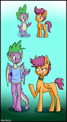 Size: 1810x3269 | Tagged: safe, artist:anibaruthecat, derpibooru import, scootaloo, spike, dragon, pegasus, pony, age progression, book, choker, clothes, colored, colored background, dragon wings, ear piercing, eyelashes, female, filly, foal, folded wings, g4, image, looking at each other, looking at someone, male, older, older spike, open mouth, pegasus wings, piercing, png, scootaspike, shipping, simple background, spiked choker, straight, sweater, talking, teenage scootaloo, teenage spike, teenager, wings