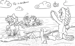 Size: 1200x733 | Tagged: safe, artist:sepiakeys, derpibooru import, apple bloom, applejack, big macintosh, pony, beach, brother and sister, female, filly, foal, image, lineart, male, mare, monochrome, panic, playing, png, sandcastle, siblings, sisters, stallion