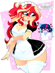 Size: 1500x2000 | Tagged: suggestive, artist:xan-gelx, derpibooru import, sci-twi, sunset shimmer, twilight sparkle, human, equestria girls, 2d, bangs, breasts, busty sunset shimmer, cleavage, clothes, dialogue, eye clipping through hair, eyebrows, eyebrows visible through hair, eyes closed, female, g4, glasses, hair bun, image, legs, maid, maid headdress, open mouth, png, sideburns, smiling, socks, thigh highs, thumbs up, wide hips, word bubble