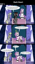 Size: 1920x3516 | Tagged: safe, artist:platinumdrop, derpibooru import, derpy hooves, king sombra, princess flurry heart, alicorn, pegasus, pony, unicorn, comic:dark heart, 3 panel comic, abuse, alternate timeline, armor, bound wings, bracelet, chains, collar, comic, commission, confused, crystal, crystal castle, crystal empire, dark crystal, derpybuse, dialogue, evil flurry heart, female, folded wings, g4, glow, glowing horn, horn, husband and wife, image, indoors, looking at each other, looking at someone, magic, magic aura, male, mare, older, older derpy hooves, older flurry heart, png, raised hoof, sad, ship:flurrybra, shipping, slave, slave collar, smiling, smug, smug smile, speech bubble, spiked collar, spiked wristband, stallion, straight, this will not end well, throne, throne room, up to no good, victorious villain, walking, wall of tags, wing cuffs, wings, wristband