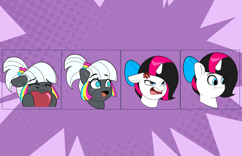 Size: 3600x2324 | Tagged: safe, artist:joaothejohn, derpibooru import, oc, oc:heart sticht, oc:kaleidoscope swatch, earth pony, pegasus, unicorn, angry, blushing, commission, cute, emoji, emotes, expressions, glasses, heart, horn, image, laughing, lidded eyes, meme, multicolored hair, open mouth, pegasus oc, png, poggers, ribbon, smiling, solo, text, wings, your character here