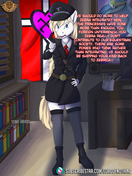 Size: 900x1200 | Tagged: safe, artist:lordofnothing, part of a set, princess celestia, oc, oc:aryanne, alicorn, anthro, earth pony, belt, bitch, bookshelf, boots, bust, clothes, commission, cup, desk, dialogue, eyebrows, female, flag, frown, furniture, hand on hip, image, indoors, nazi, nazi flag, necktie, night, office, offscreen character, open mouth, painting, png, racism, shoes, socks, solo, swastika, tail, thigh highs, uniform, vulgar, window