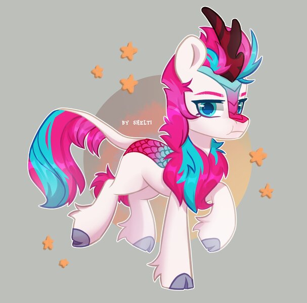 Size: 2022x2000 | Tagged: safe, artist:shelti, derpibooru import, zipp storm, kirin, g5, cloven hooves, female, image, jpeg, kirinified, puffy cheeks, simple background, solo, species swap, stars