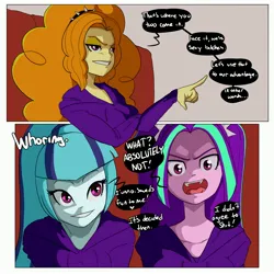 Size: 3000x3000 | Tagged: suggestive, artist:inuyuru, derpibooru import, adagio dazzle, aria blaze, sonata dusk, comic:dazzlings' van, equestria girls, angry, clothes, comic, dialogue, female, g4, high res, hoodie, image, jpeg, prostitution, text, the dazzlings, trio, trio female, varying degrees of amusement, varying degrees of want, vulgar