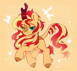 Size: 2048x1910 | Tagged: safe, artist:shelti, derpibooru import, sunset shimmer, kirin, cloven hooves, emanata, female, g4, image, jpeg, kirin sunset, kirinified, solo, sparkles, species swap