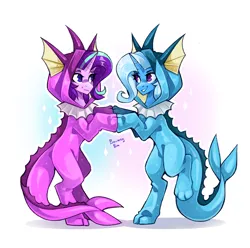 Size: 3000x2980 | Tagged: safe, artist:buvanybu, derpibooru import, starlight glimmer, trixie, pony, unicorn, vaporeon, clothes, cosplay, costume, duo, duo female, female, g4, horn, image, looking at each other, looking at someone, mare, png, pokémon, rearing, shiny pokémon