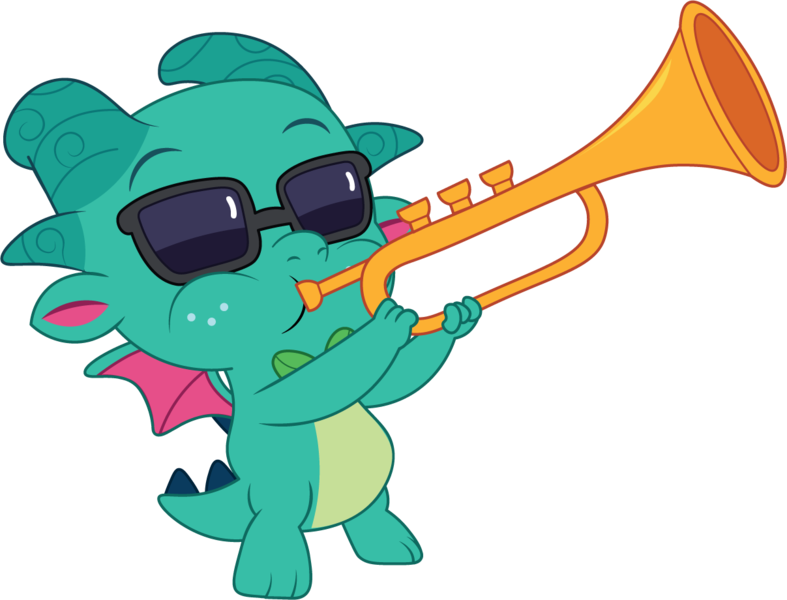 Size: 1207x920 | Tagged: safe, artist:prixy05, derpibooru import, sparky sparkeroni, dragon, g5, my little pony: tell your tale, baby, baby dragon, bowtie, image, male, musical instrument, png, simple background, solo, sunglasses, transparent background, trumpet, vector